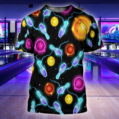 Bowling Art Shirt, Artistic Bowling Ball & Pins All-Over Print Unisex Tee