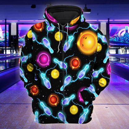 Bowling Art Shirt, Artistic Bowling Ball & Pins All-Over Print Unisex Tee