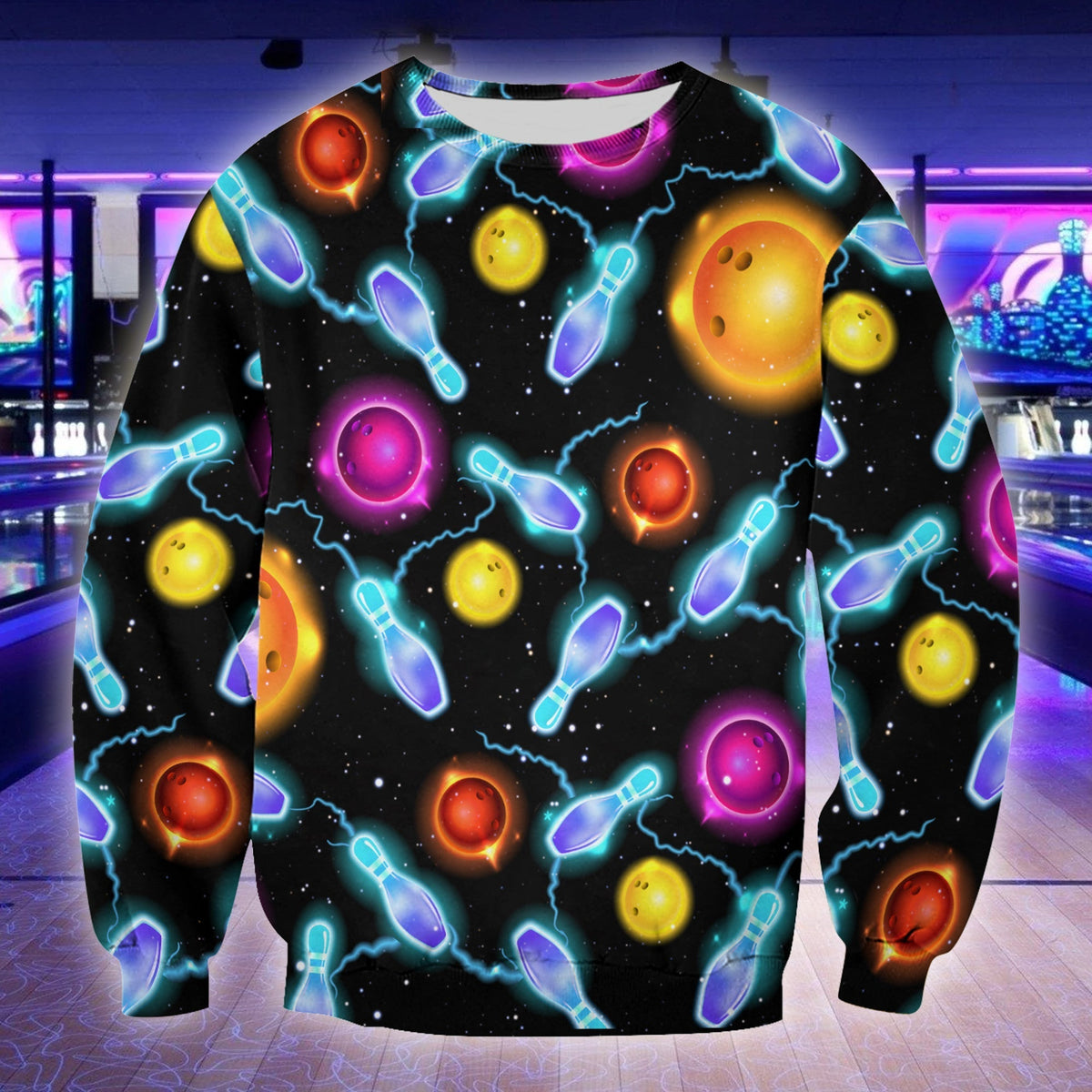 Bowling Art Shirt, Artistic Bowling Ball & Pins All-Over Print Unisex Tee