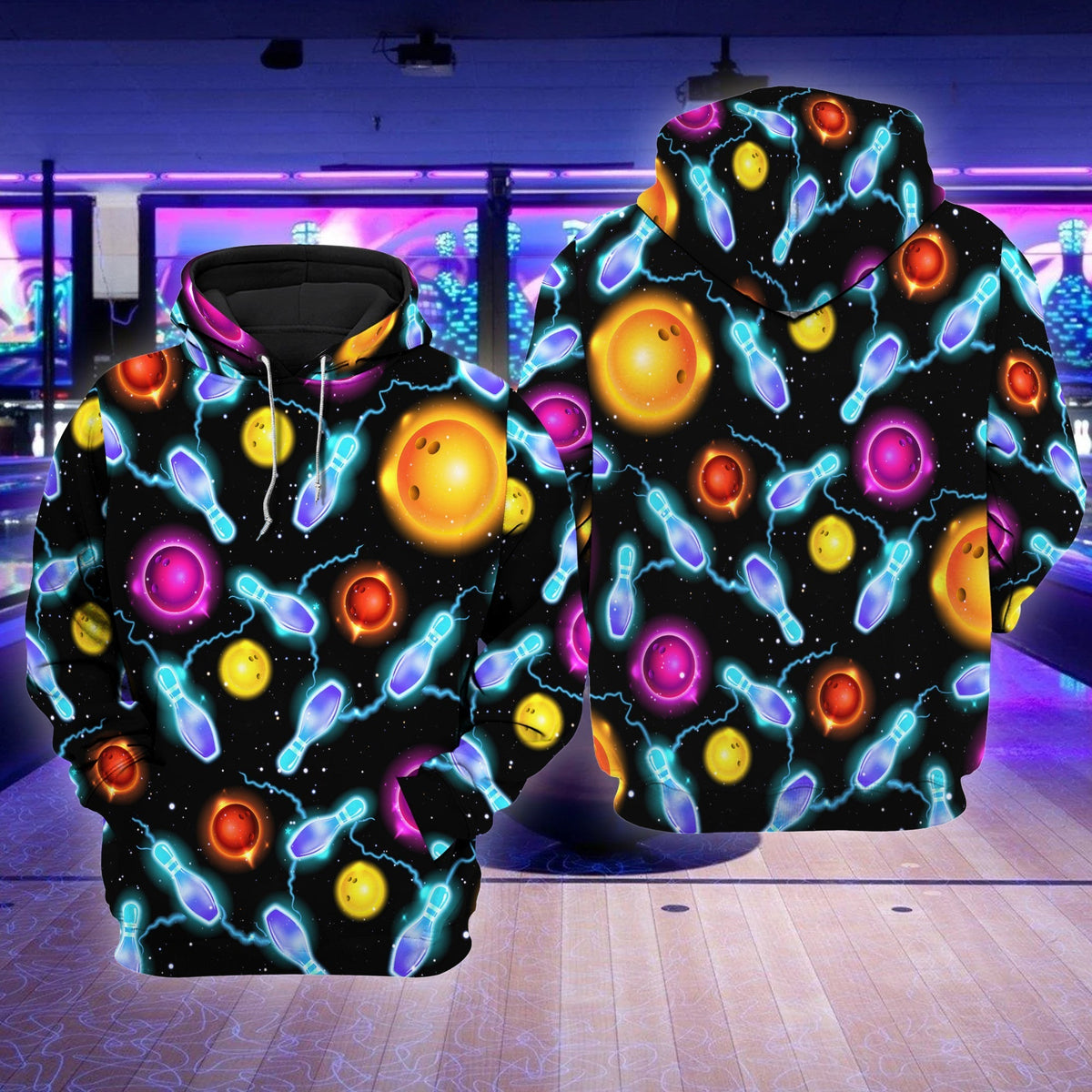 Bowling Art Shirt, Artistic Bowling Ball & Pins All-Over Print Unisex Tee