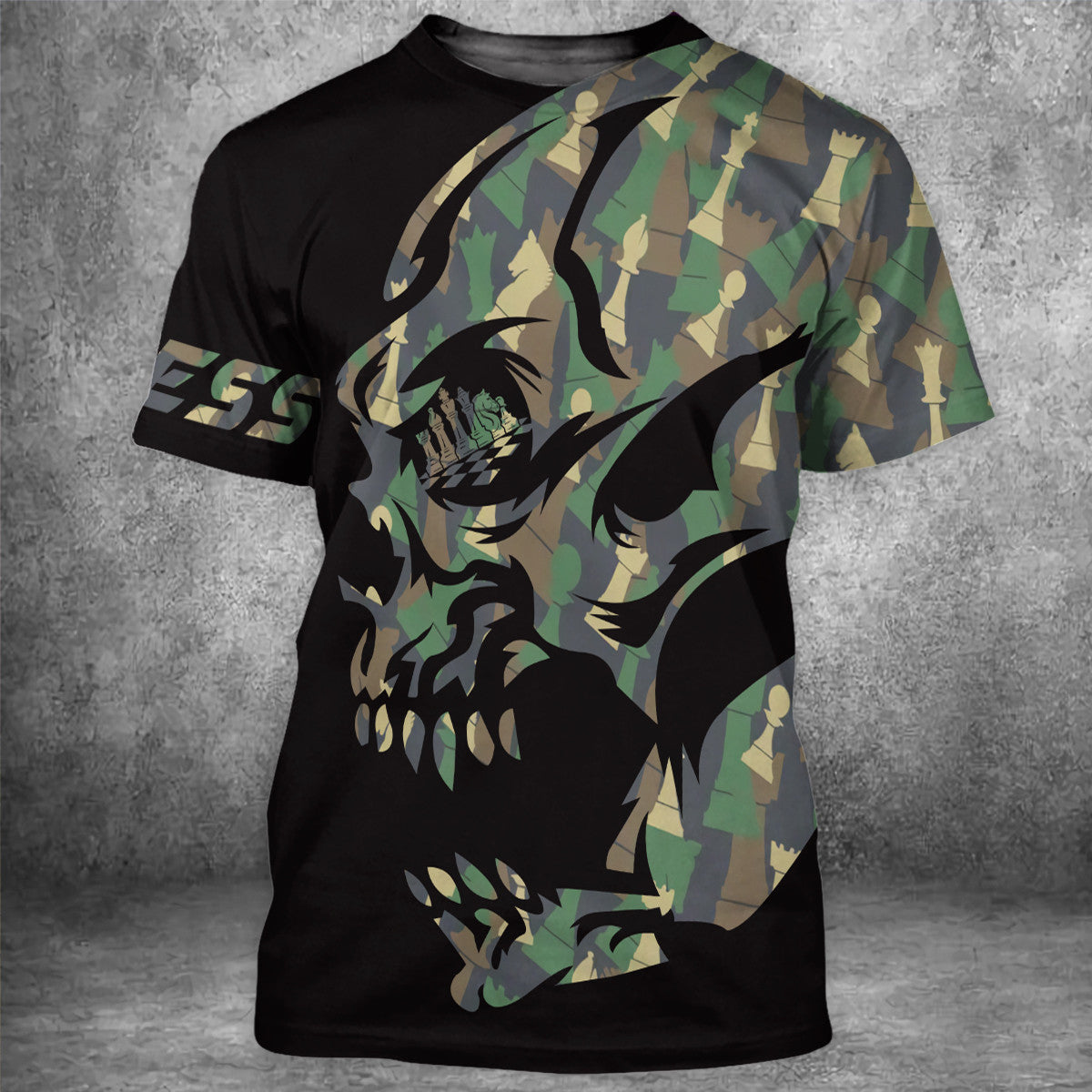 Skull Camo Chess Shirt, Dark Tactical Chessboard All-Over Print Unisex Tee