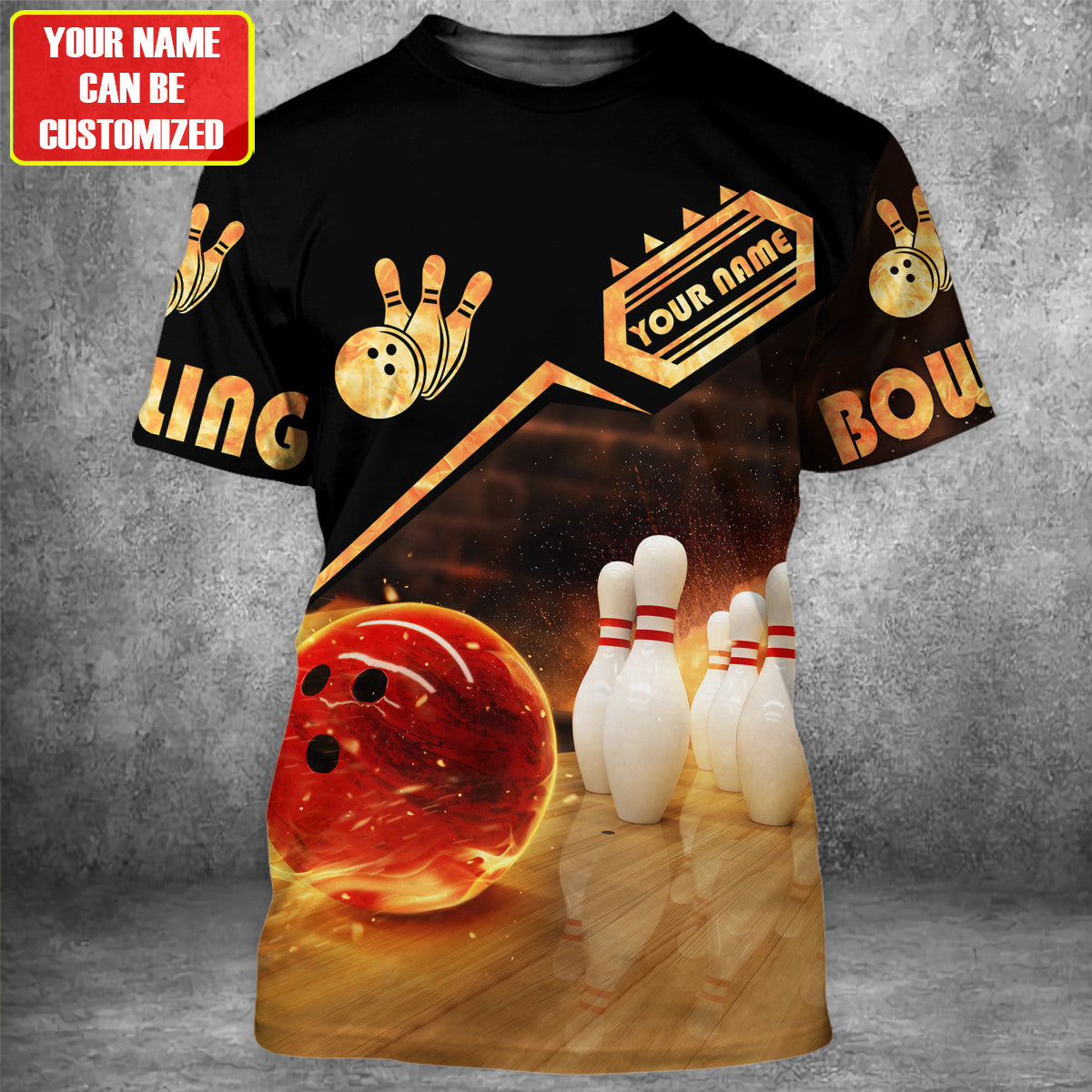 Flaming Bowling Shirt, Fire Bowling Ball & Pins All-Over Print Unisex Tee