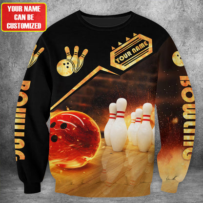 Flaming Bowling Shirt, Fire Bowling Ball & Pins All-Over Print Unisex Tee