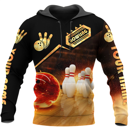 Flaming Bowling Shirt, Fire Bowling Ball & Pins All-Over Print Unisex Tee