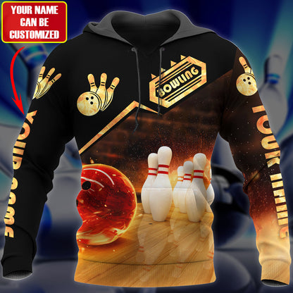 Flaming Bowling Shirt, Fire Bowling Ball & Pins All-Over Print Unisex Tee