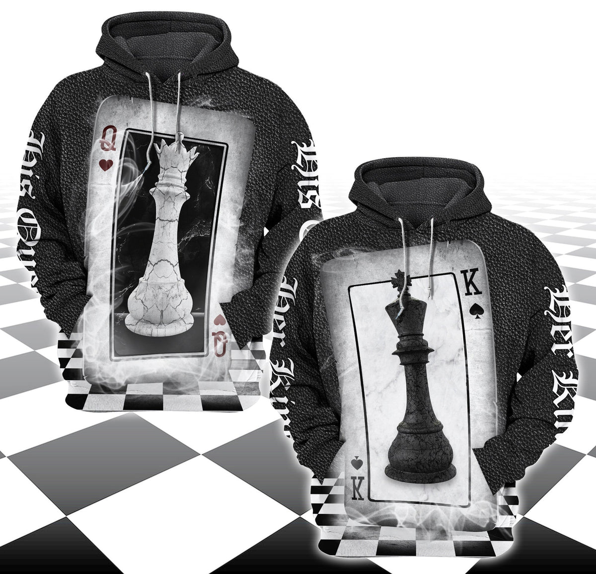 King & Queen Chess Couple Hoodie Set, Romantic 3D All-Over Print Chess Apparel
