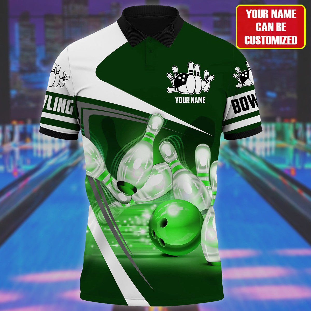 Green Bowling Strike Shirt, Bowling Ball & Pins All-Over Print Unisex Tee