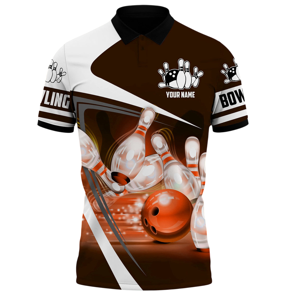 Orange Bowling Blast Shirt, Vibrant Ball & Pins All-Over Print Unisex Tee