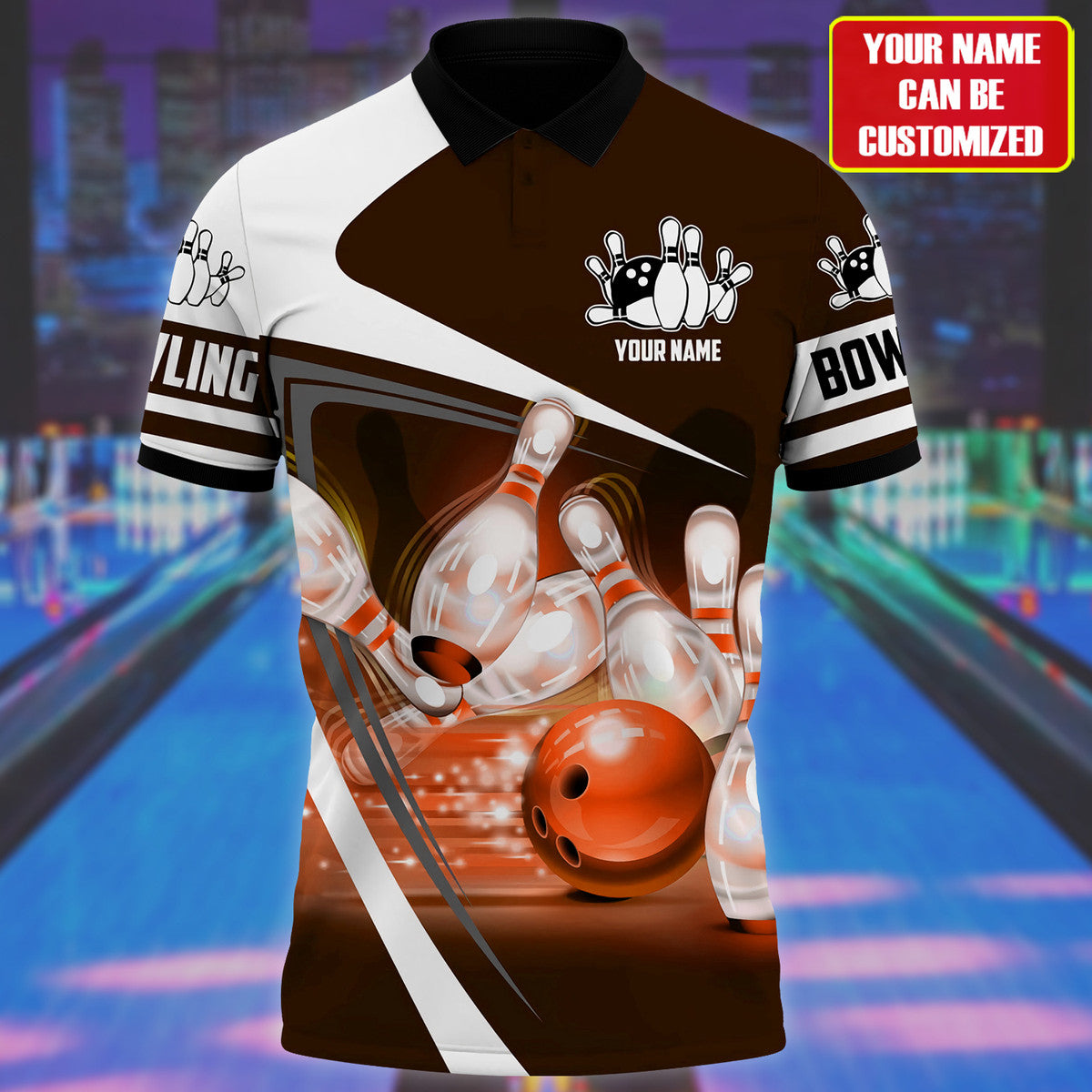Orange Bowling Blast Shirt, Vibrant Ball & Pins All-Over Print Unisex Tee
