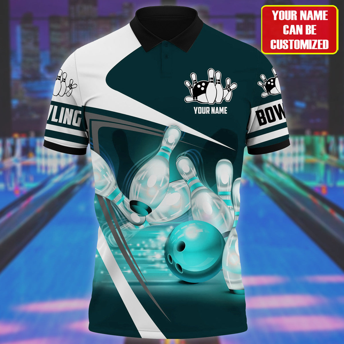 Teal Bowling Power Shirt, Bold Ball & Pins All-Over Print Unisex Tee