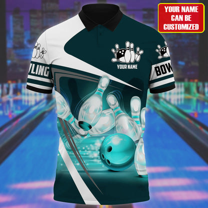 Teal Bowling Power Shirt, Bold Ball & Pins All-Over Print Unisex Tee