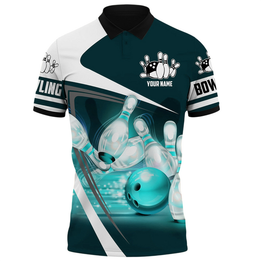 Teal Bowling Power Shirt, Bold Ball & Pins All-Over Print Unisex Tee