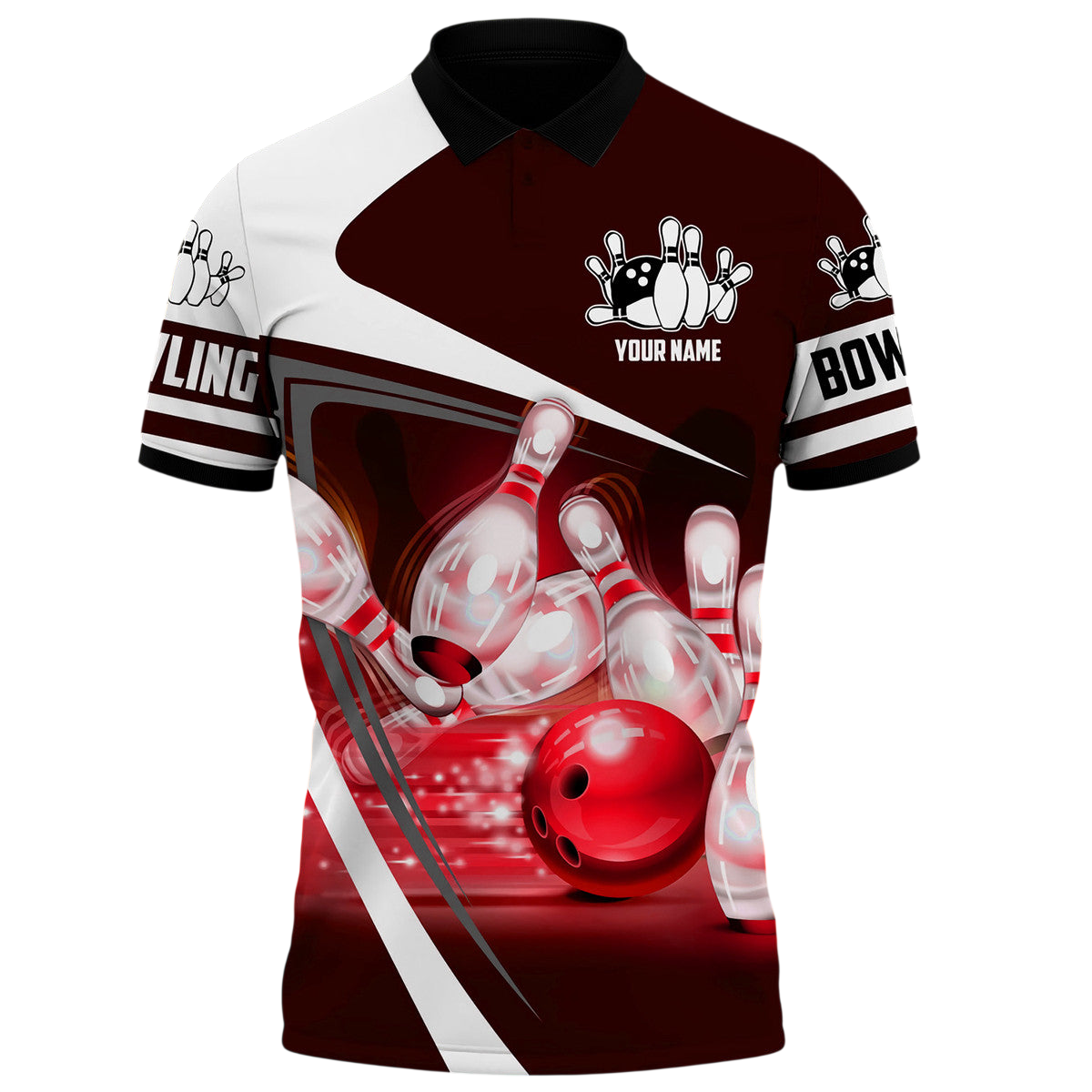 Red Bowling Strike Shirt, Bold Ball & Pins All-Over Print Unisex Tee