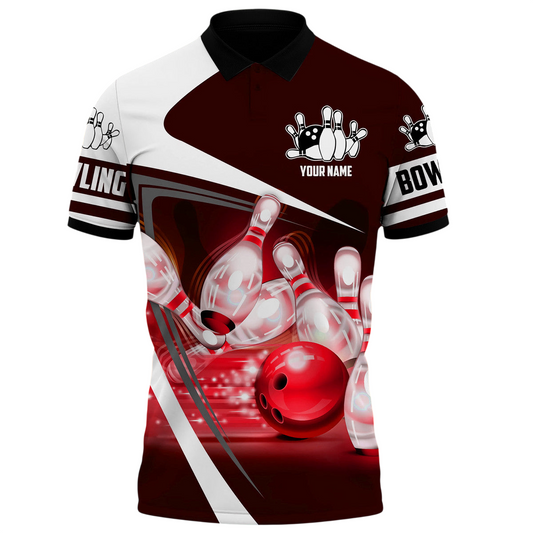 Red Bowling Strike Shirt, Bold Ball & Pins All-Over Print Unisex Tee