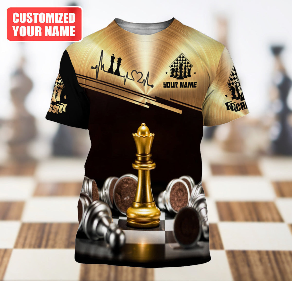 Queen Chess Gold Shirt, Chess Pieces All-Over Print Unisex Tee