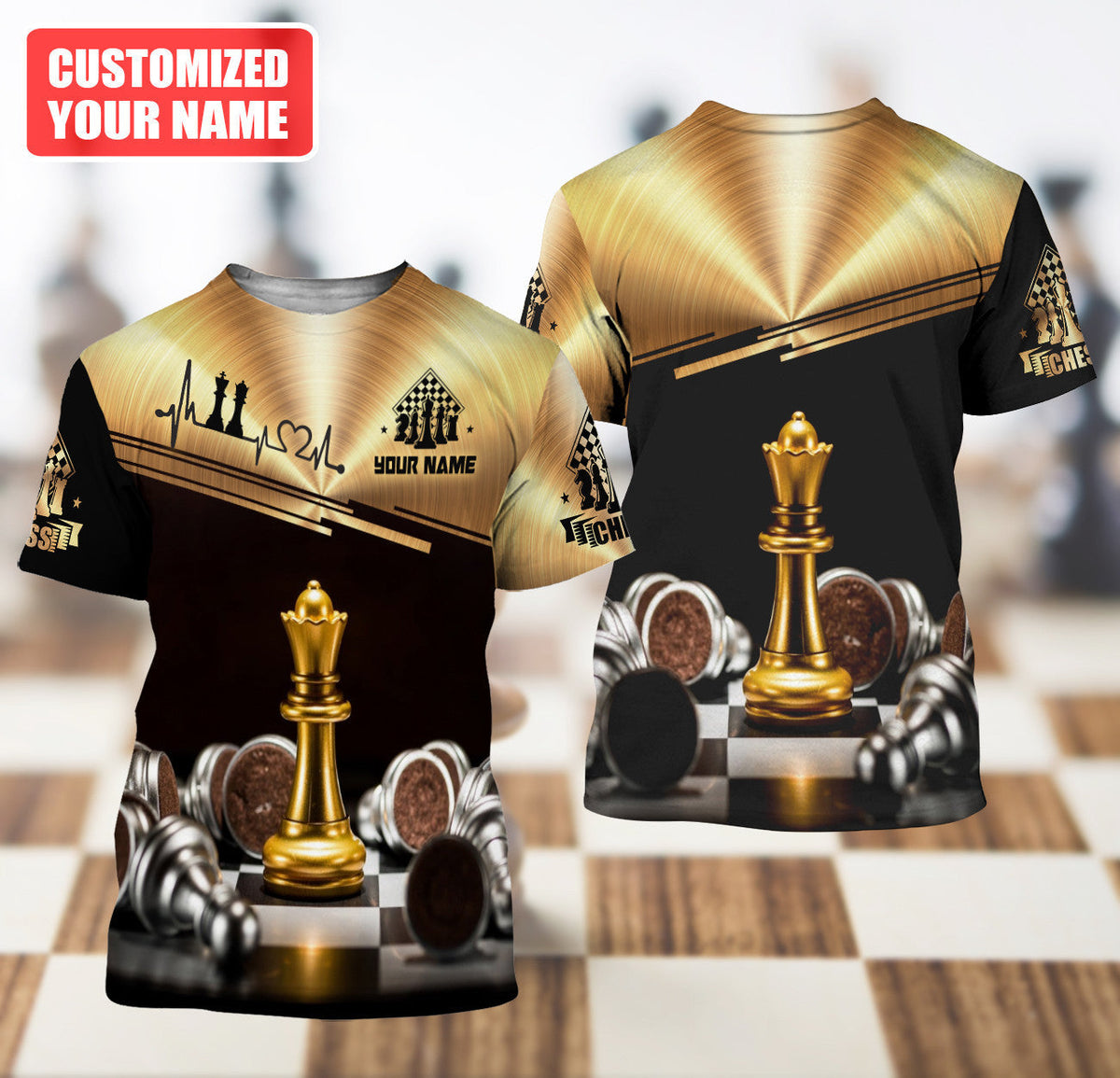 Queen Chess Gold Shirt, Chess Pieces All-Over Print Unisex Tee