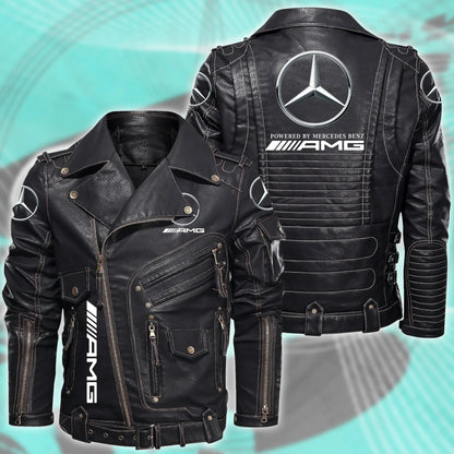 Merc AMG Belt Solid Zipper Street Leather Jacket