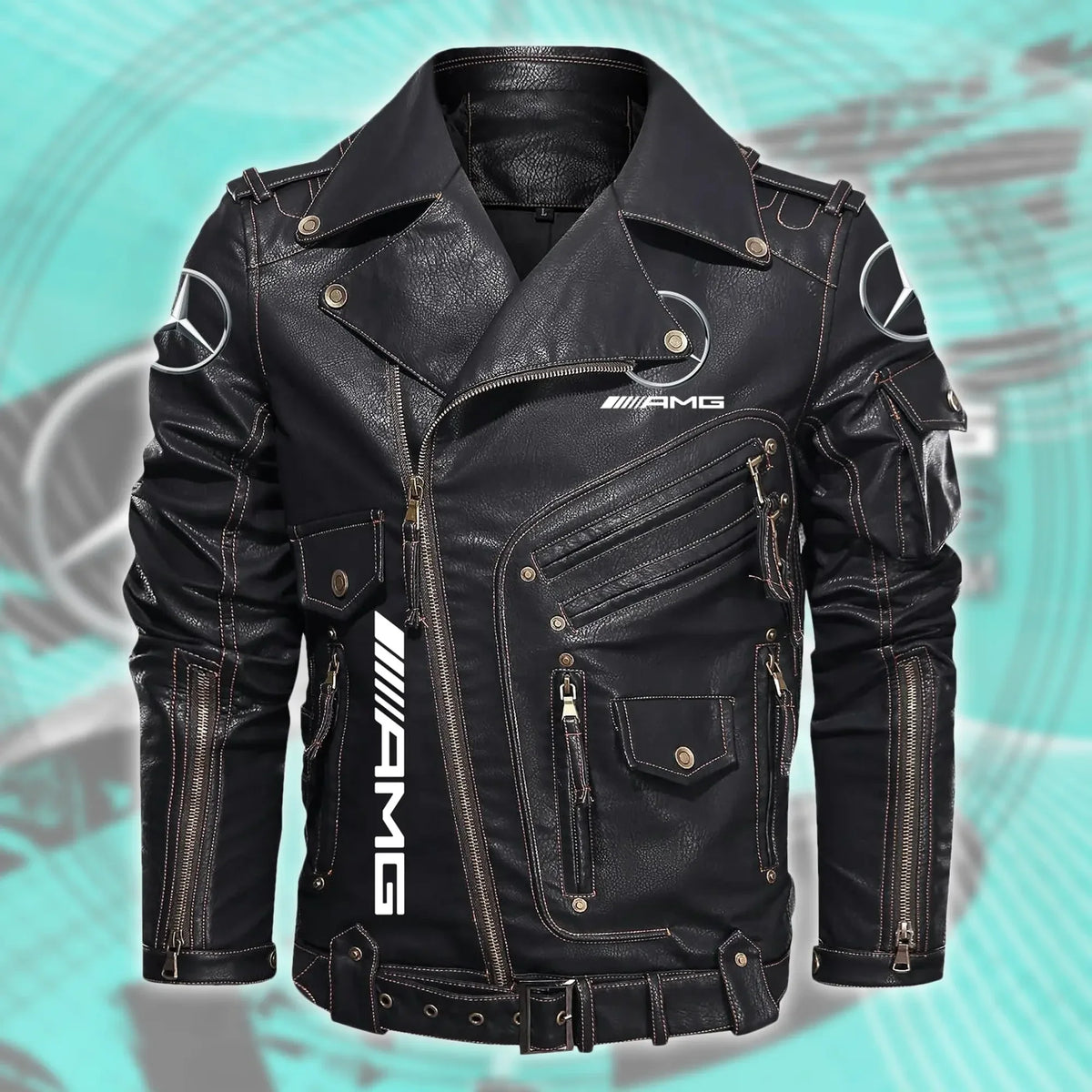 Merc AMG Belt Solid Zipper Street Leather Jacket