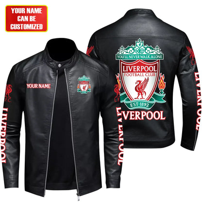 Personalized Liverpool Leather Bomber Stand Collar Jacket