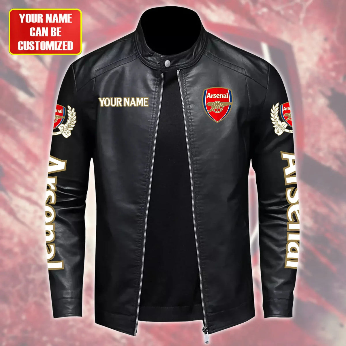 Personalized Arsenal Leather Bomber Stand Collar Jacket