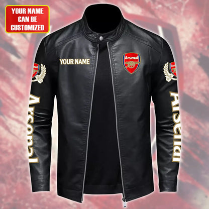 Personalized Arsenal Leather Bomber Stand Collar Jacket