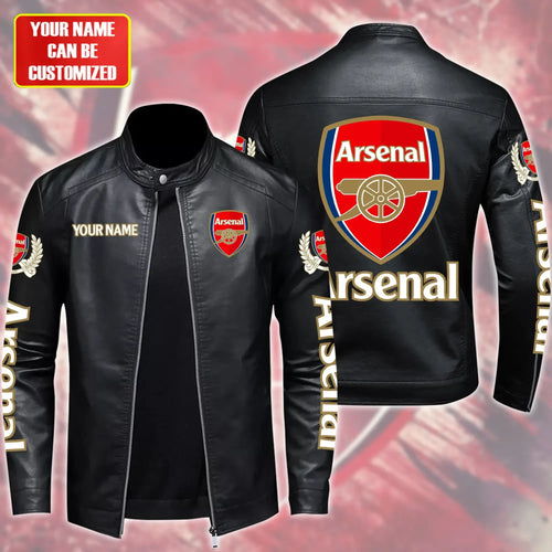 Personalized Arsenal Leather Bomber Stand Collar Jacket