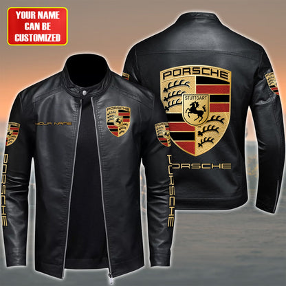 Personalized Pors Leather Bomber Stand Collar Jacket