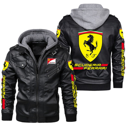 SF Leather Jacket With Hood Black