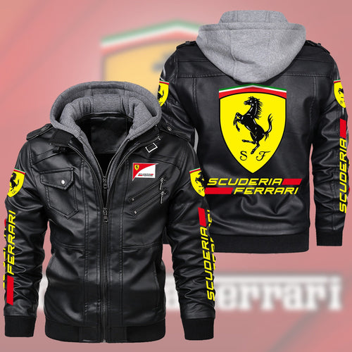 SF Leather Jacket With Hood Black