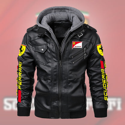 SF Leather Jacket With Hood Black