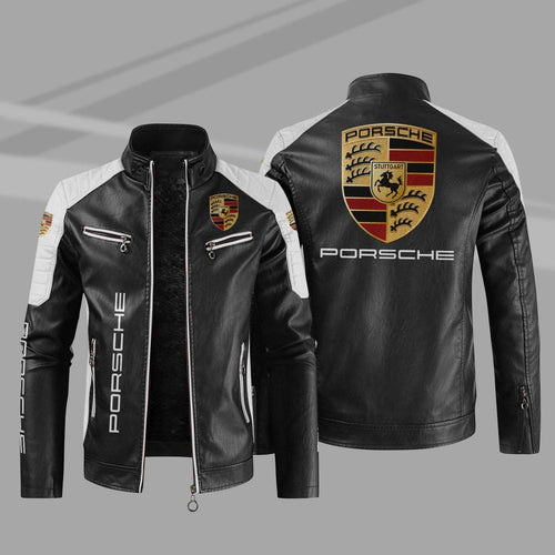 Pors Leather Biker Jacket White Sleeves