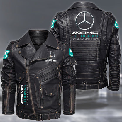 Merc AMG Petronas Belt Solid Zipper Street Leather Jacket