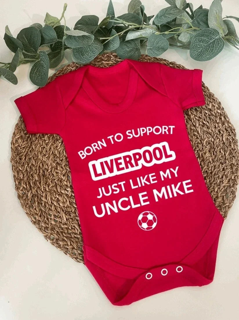 Customized Born To Support Liverpool Soccer Jersey , Baby Rib Bodysuit Sizes V2