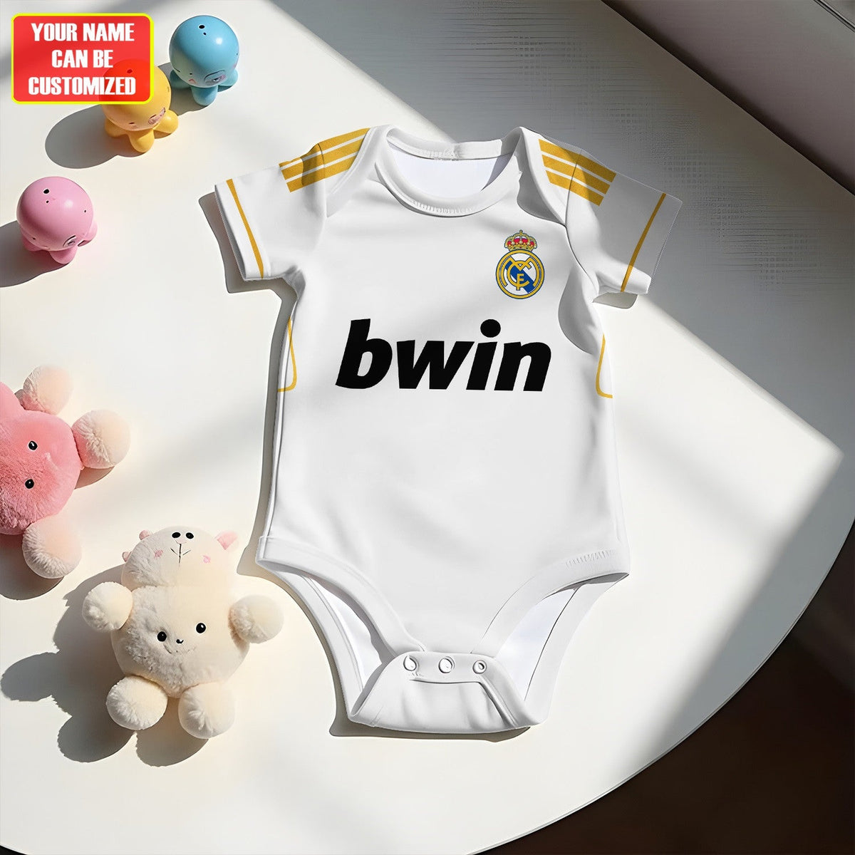 Customized Real Madrid Golden Soccer Jersey , Baby Rib Bodysuit Sizes