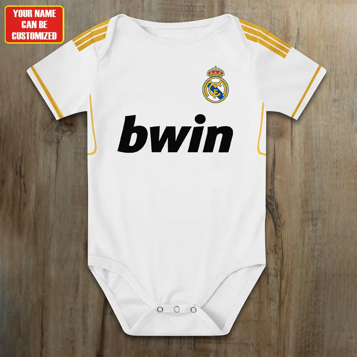 Customized Real Madrid Golden Soccer Jersey , Baby Rib Bodysuit Sizes