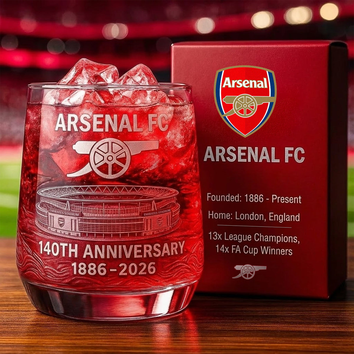 Personalized Arsenal Stadium 140 Years Anniversary Whisky , Arsenal Whiskey Glass, Holiday Gifts