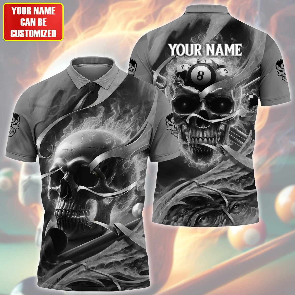 Personalized Name Skull Billiards Silver Version All Over Printed Unisex Shirt QB030403
